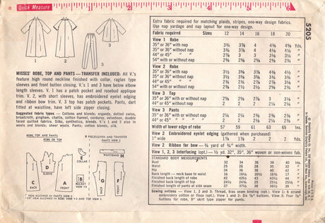 1960's Simplicity Robe and Two Piece Pajama Pattern - Bust 34" - No. 5205