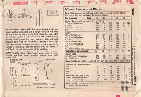 1960's Simplicity Blouse and Jumper Dress Pattern - Bust 38" - No. 5482