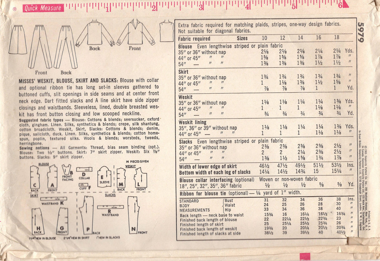 1960's Simplicity Weskit, Blouse, Skirt and Cigarette Pants Pattern - Bust 38" - No. 5979