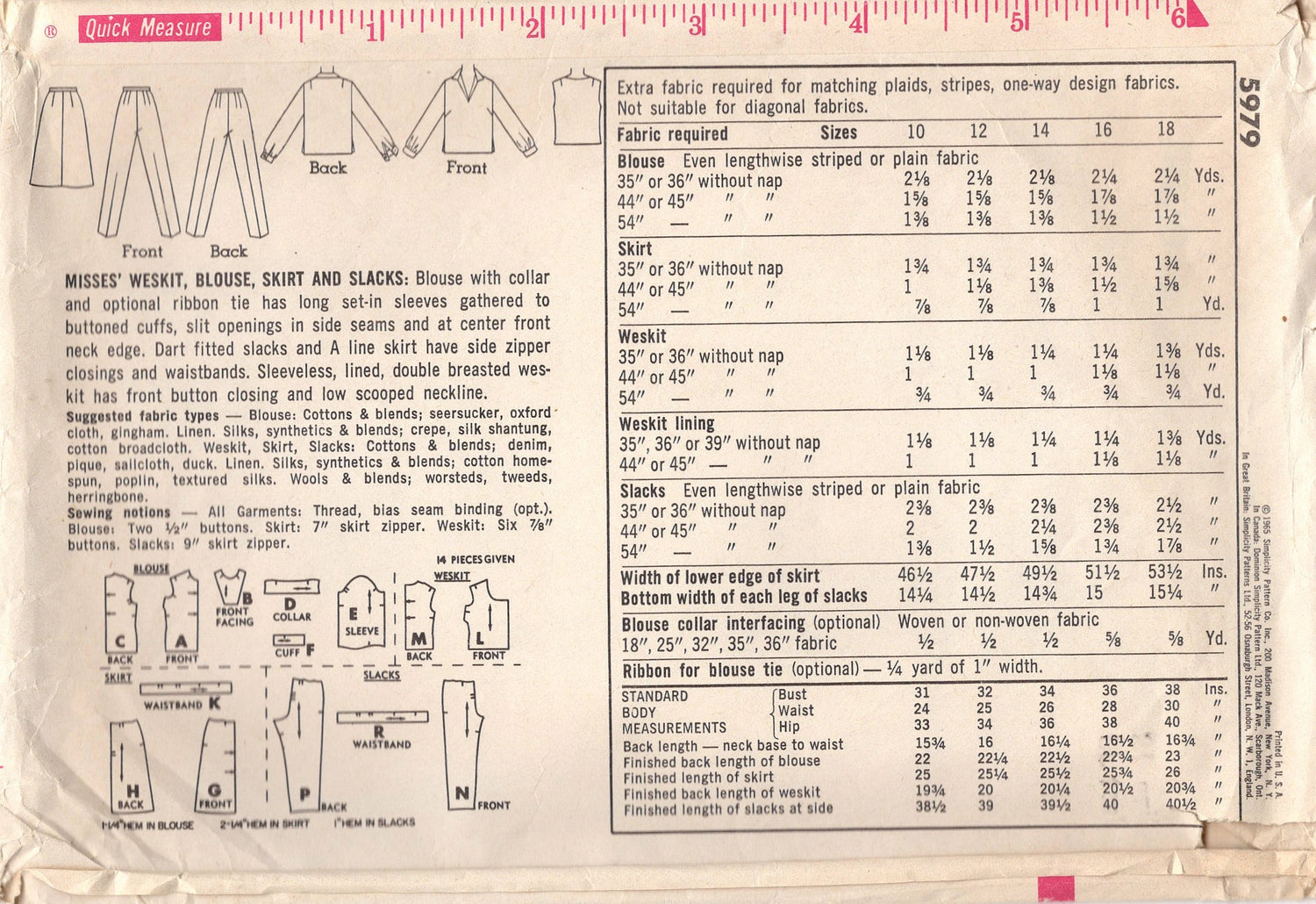 1960's Simplicity Weskit, Blouse, Skirt and Cigarette Pants Pattern - Bust 38" - No. 5979