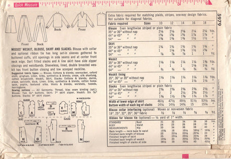 1960's Simplicity Weskit, Blouse, Skirt and Cigarette Pants Pattern - Bust 38" - No. 5979
