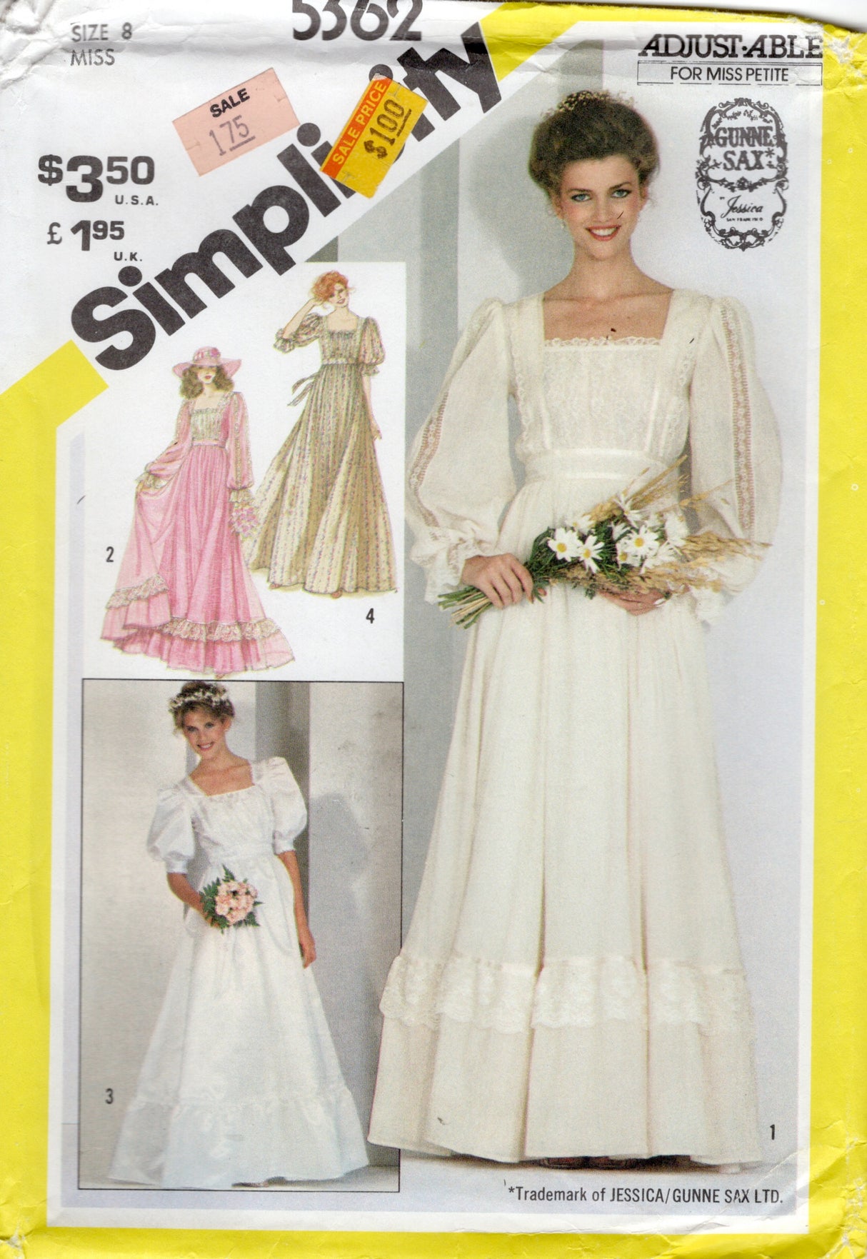 1980's Simplicity GUNNE SAX Prairie Dress or Wedding Dress with Square Neckline - Bust 31.5" - UC/FF - No. 5362