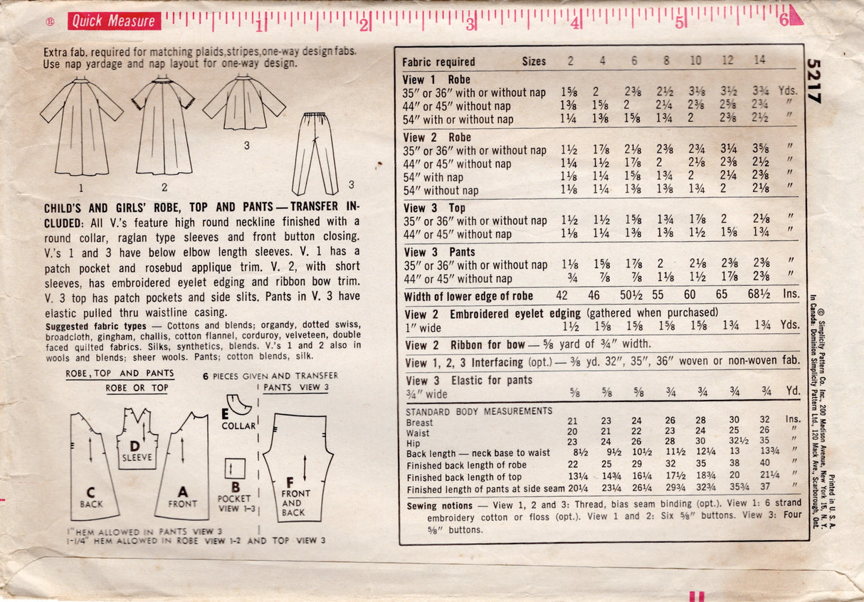 1960's Simplicity Child's Robe and Two Piece Pajamas - Chest 32" - No. 5217