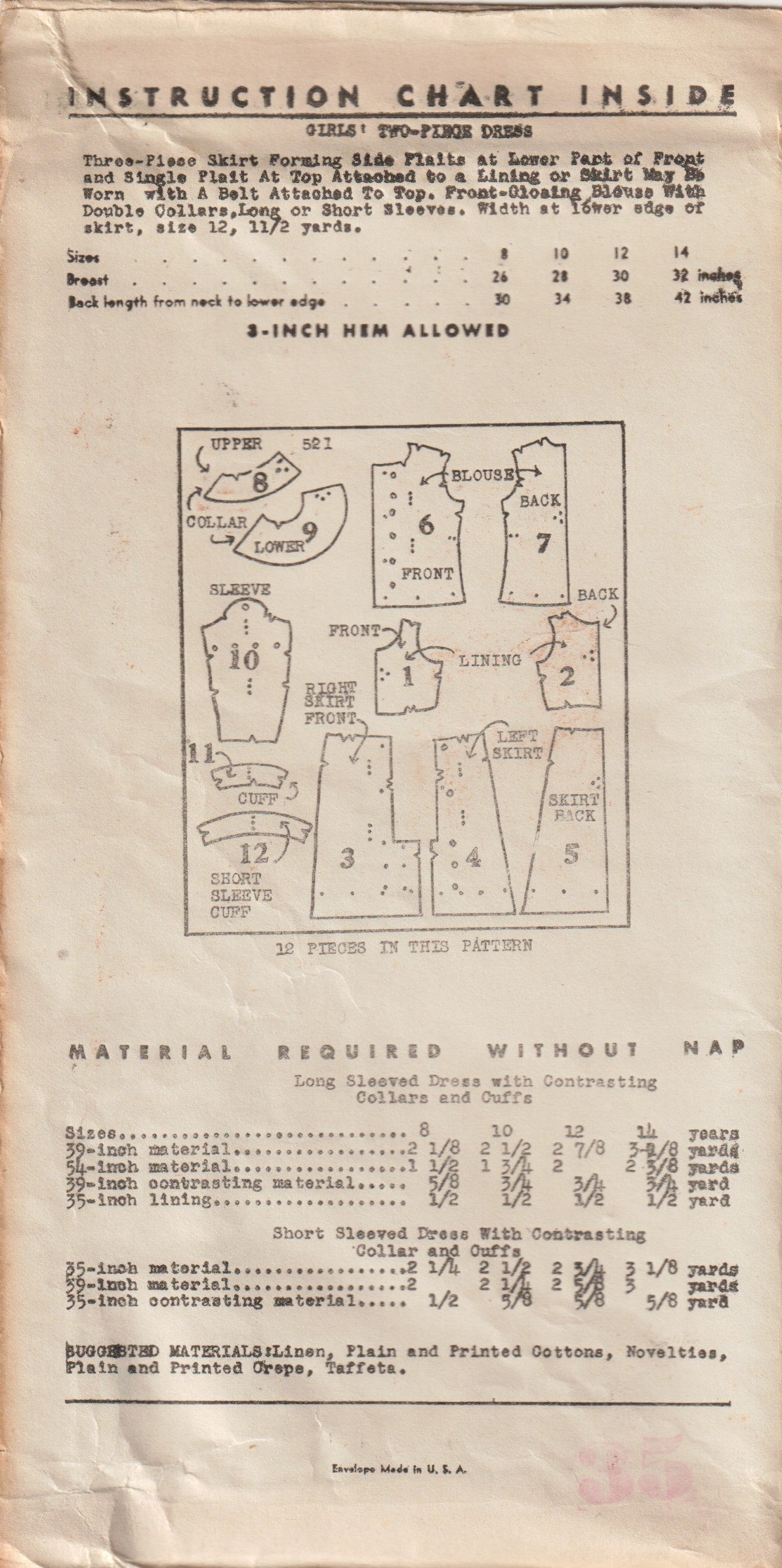 1930's New York Two-Piece Dress Pattern with Large Collar - Chest 28" & 30" - No. 521