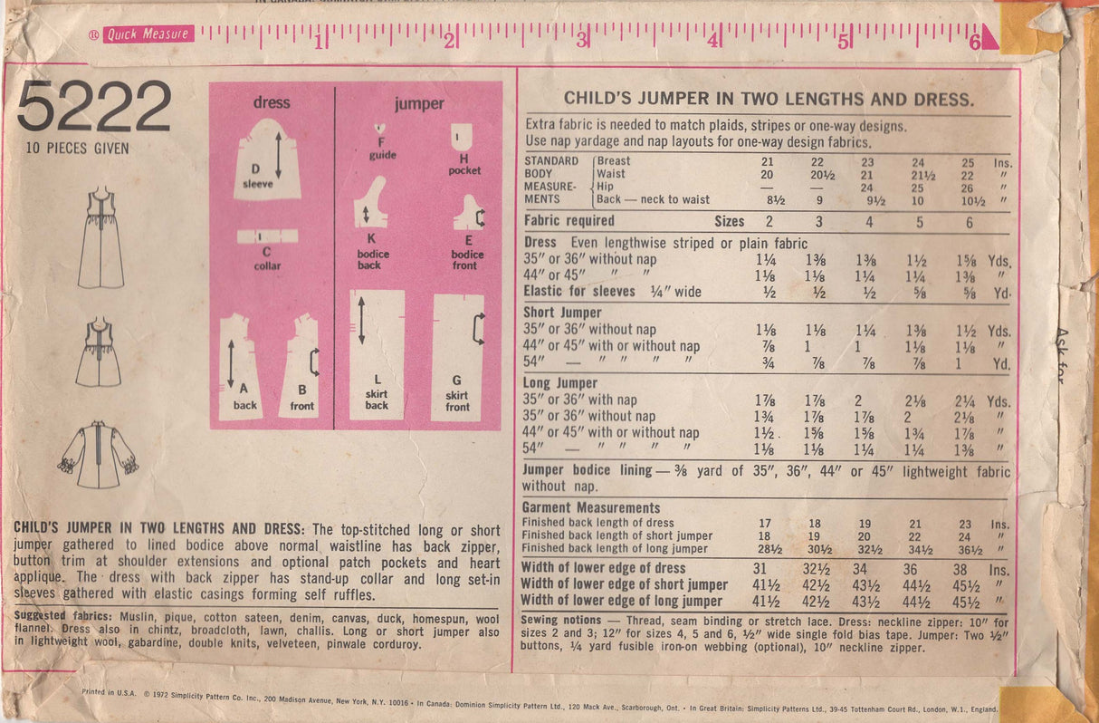 1970's Simplicity Child's Jumper in Two Lengths and Dress Pattern - Chest 24" - No. 5222