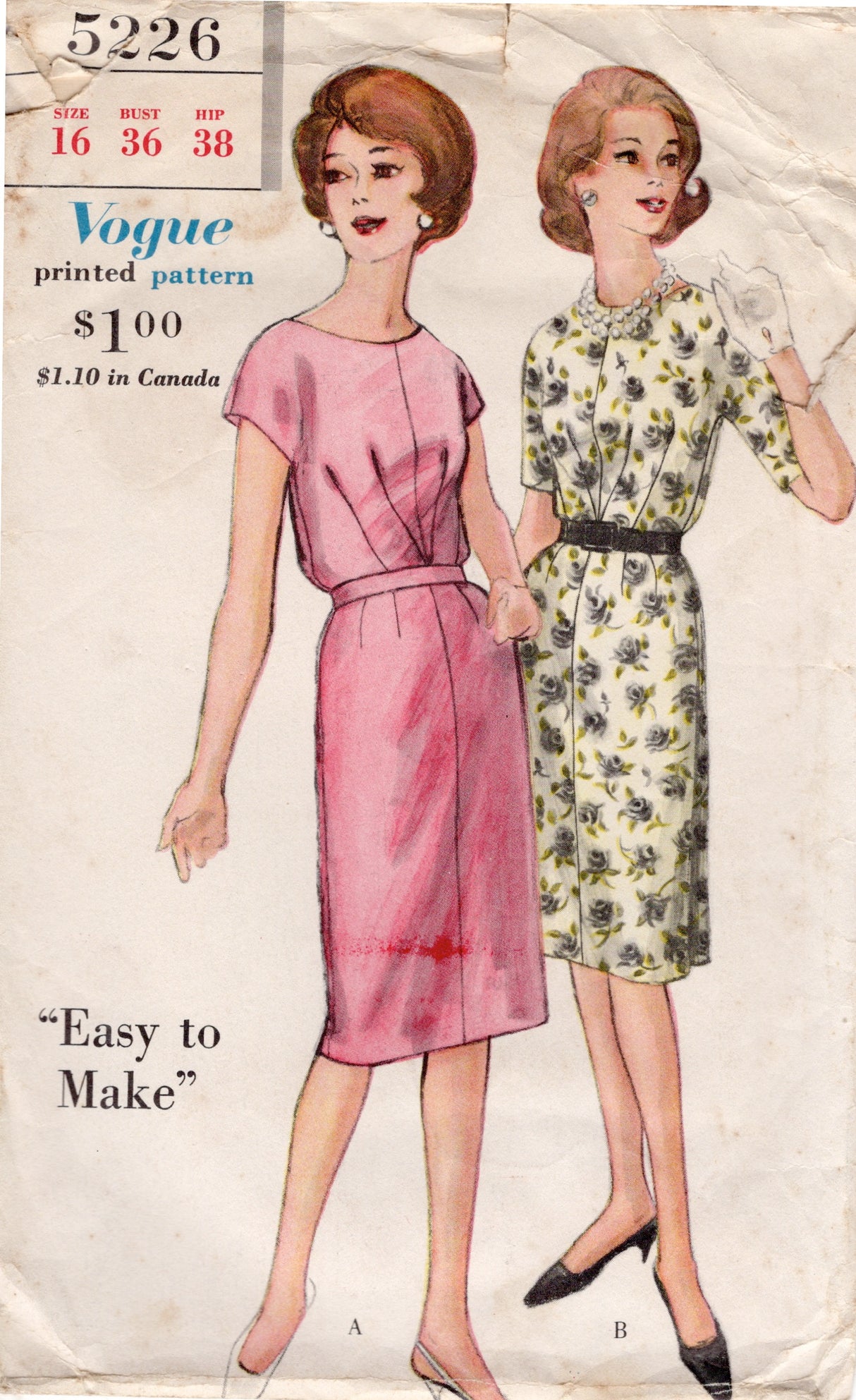 1960's Vogue Sheath Dress with 4 Oversize Darts - Bust 36" - No. 5226