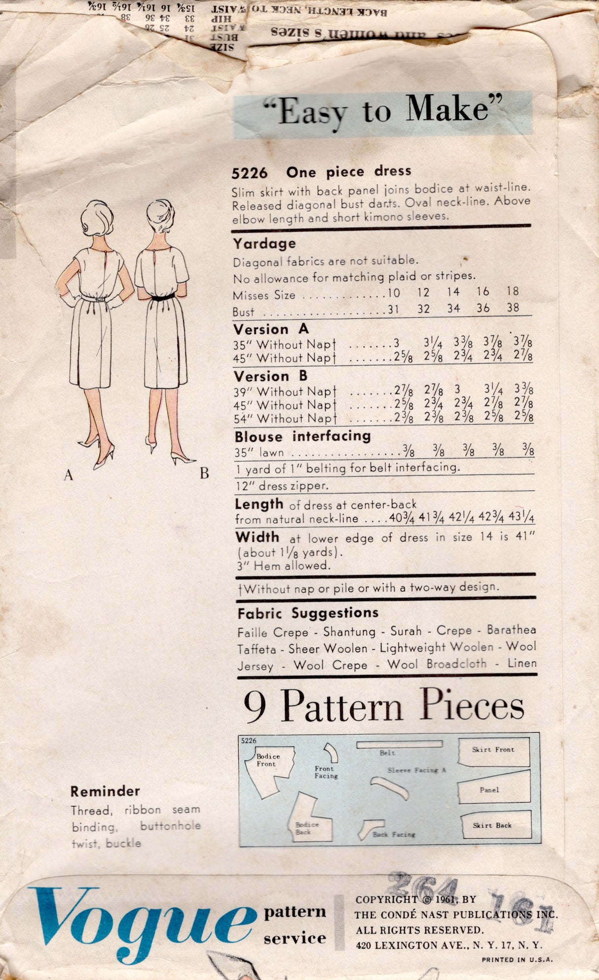 1960's Vogue Sheath Dress with 4 Oversize Darts - Bust 36" - No. 5226