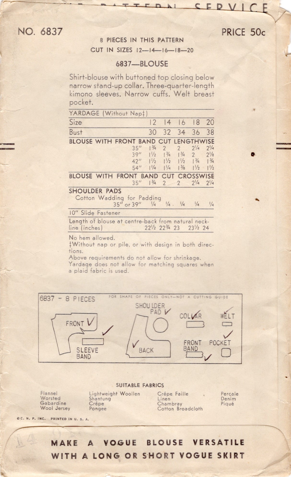 1940's Vogue Blouse Pattern with Dolman Sleeves - Bust 36" - no. 6837