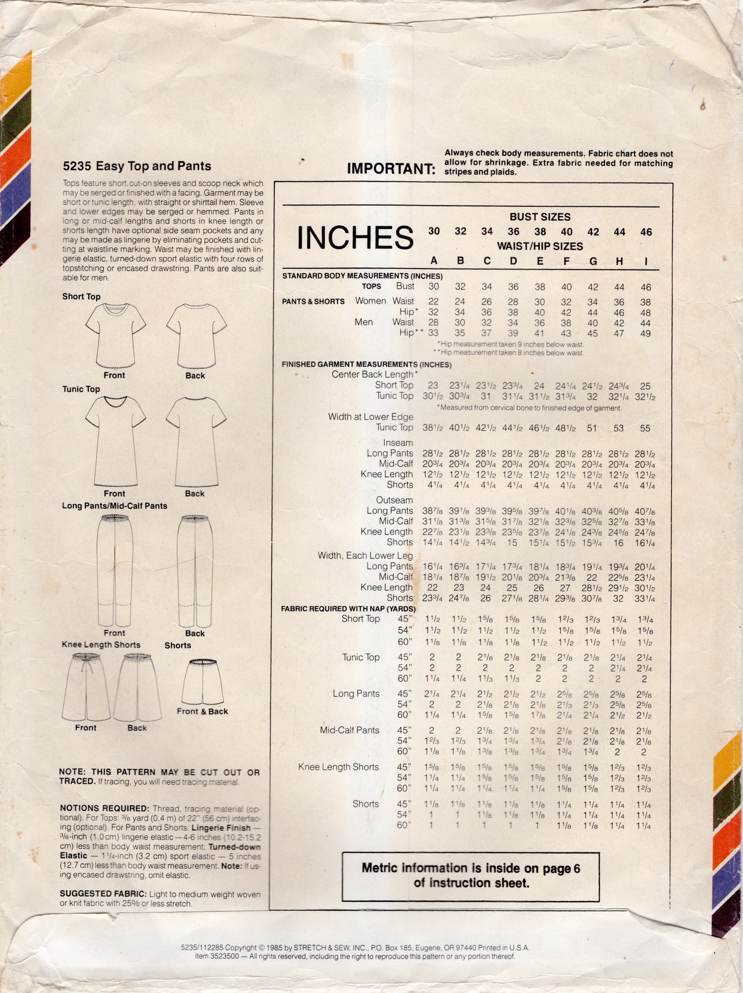 1980's Stretch & Sew Unisex Pullover Top or Tunic, Pull-on Pants, and Short in Two lengths pattern - Chest 30-46" - No. 5235
