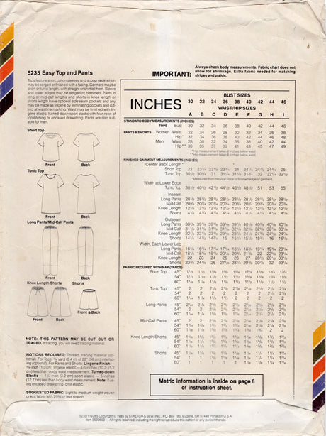 1980's Stretch & Sew Unisex Pullover Top or Tunic, Pull-on Pants, and Short in Two lengths pattern - Chest 30-46" - No. 5235