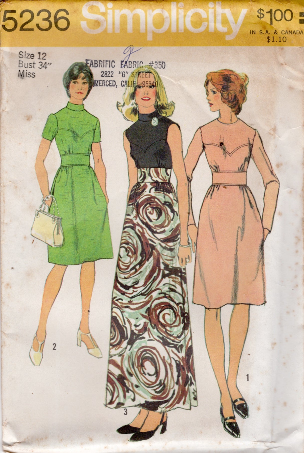 1970's Simplicity Sweetheart Yoke Dress Pattern - Bust 34" - No. 5236