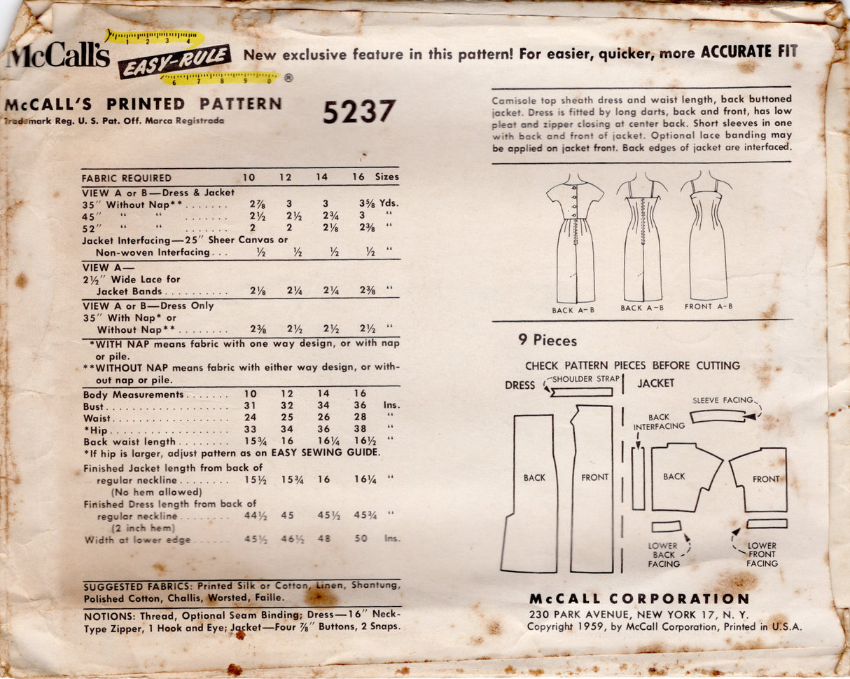 1950's McCall's One Piece Sheath Dress and Bolero Jacket Pattern - Bust 31" - No. 5237