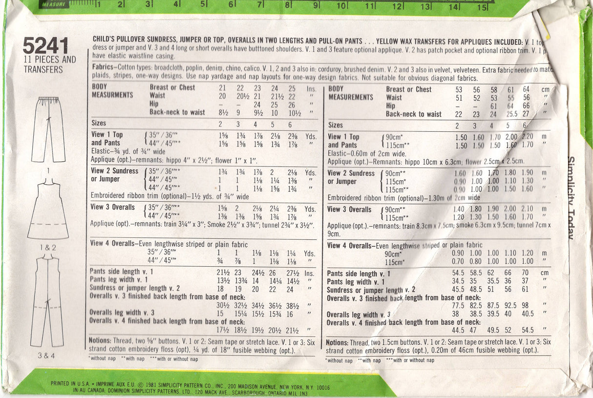 1980's Simplicity Child's Jumpsuit. Romper or Jumper Dress Pattern - Size 3 - No. 5241