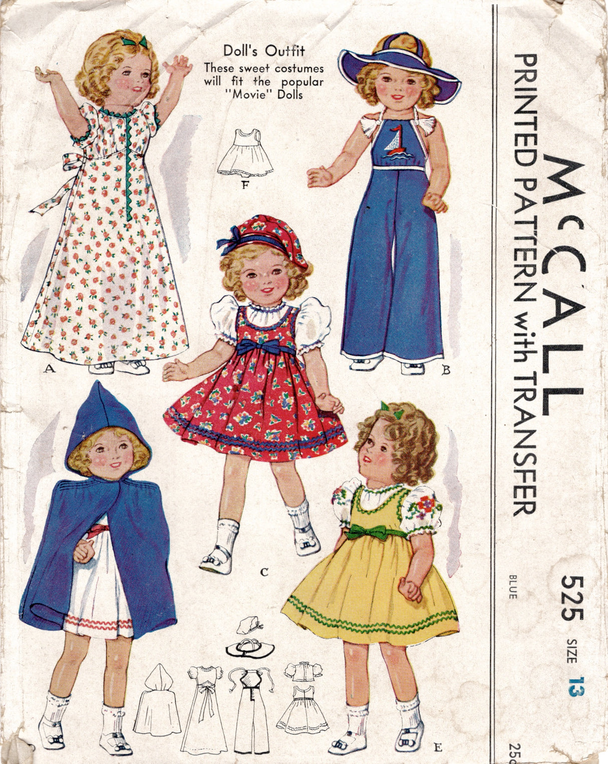 1930's McCall Shirley Temple Doll Clothes Wardrobe Pattern - 13" doll - No. 525