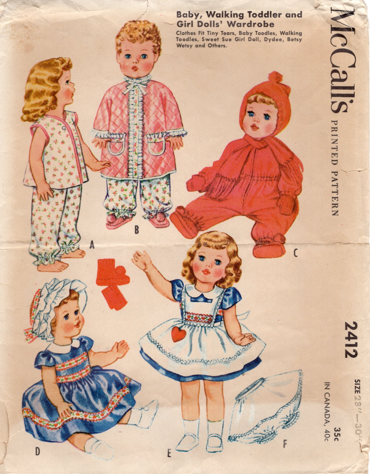 1960's McCall's Doll Clothes Wardrobe Pattern - 28-30" doll - No. 2412
