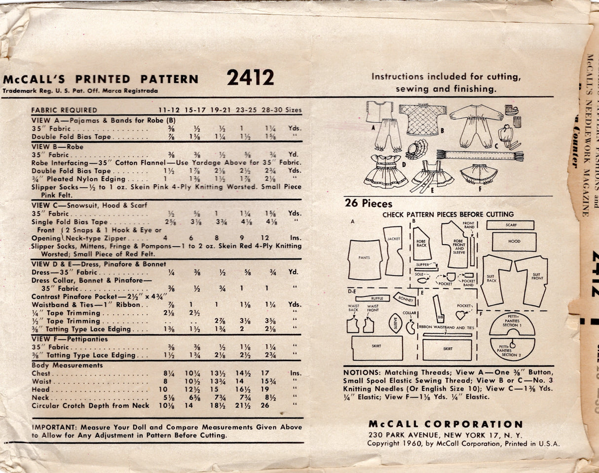 1960's McCall's Doll Clothes Wardrobe Pattern - 28-30" doll - No. 2412