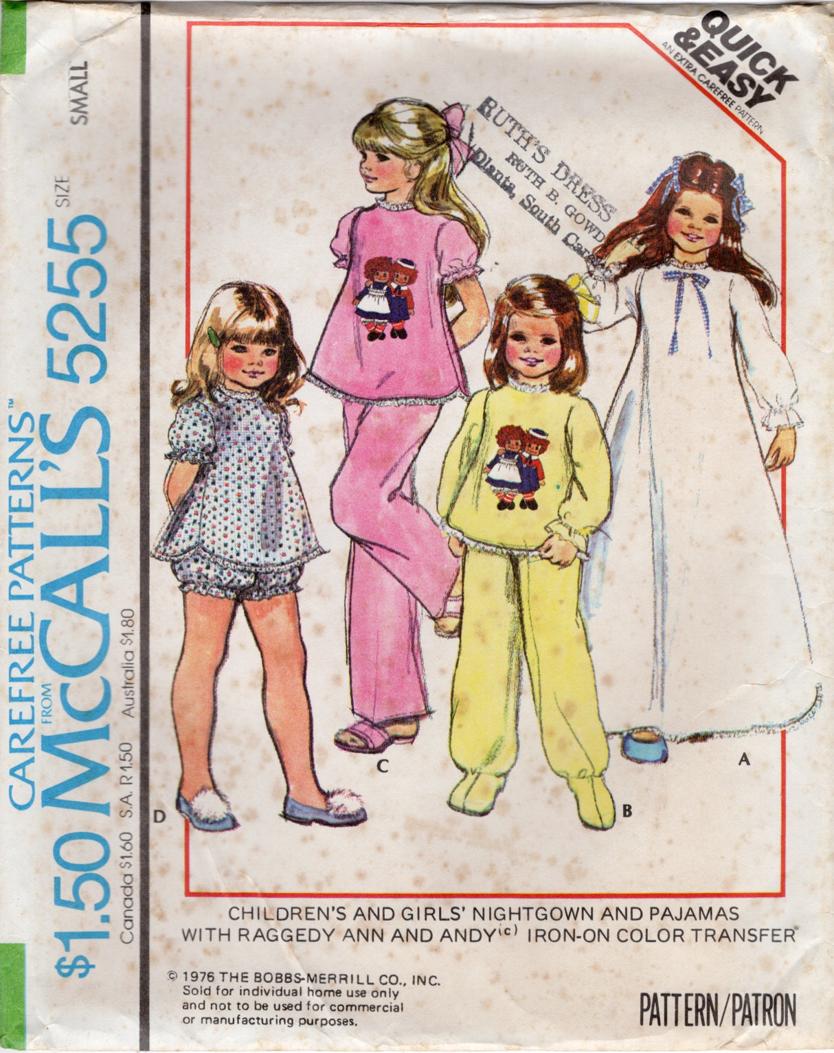 1970's McCall's Child's Nightgown and Two Piece Pajamas Pattern with Raggedy Ann and Andy Transfers - Chest 23-25" - No. 5255