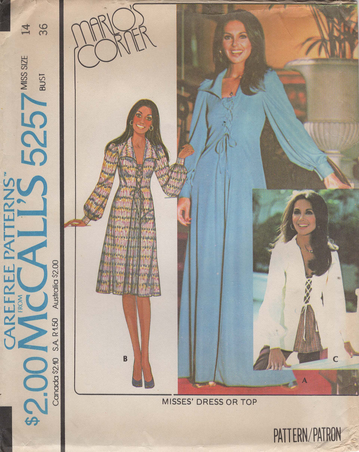 1970's McCall's Marlo's Corner Tie Front Dress ot Top pattern - Bust 36" - No. 5257