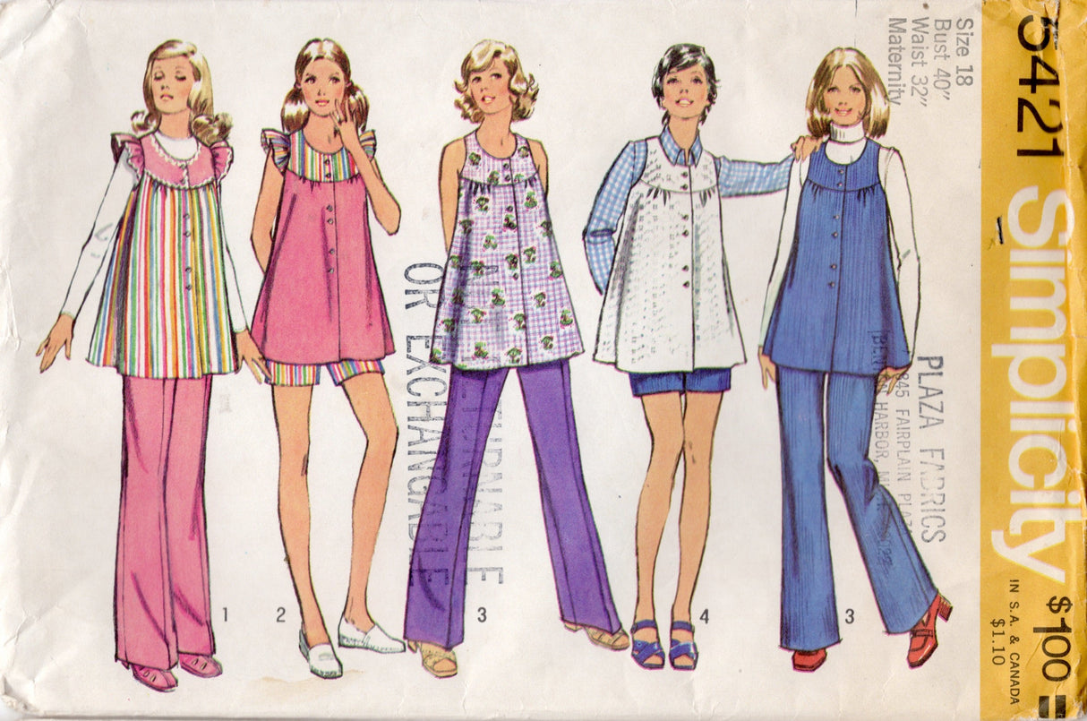 1970's Simplicity Maternity Button Up Shirt with Ruffle Accent, and Pants or Shorts Pattern - Bust 40" - No. 5421