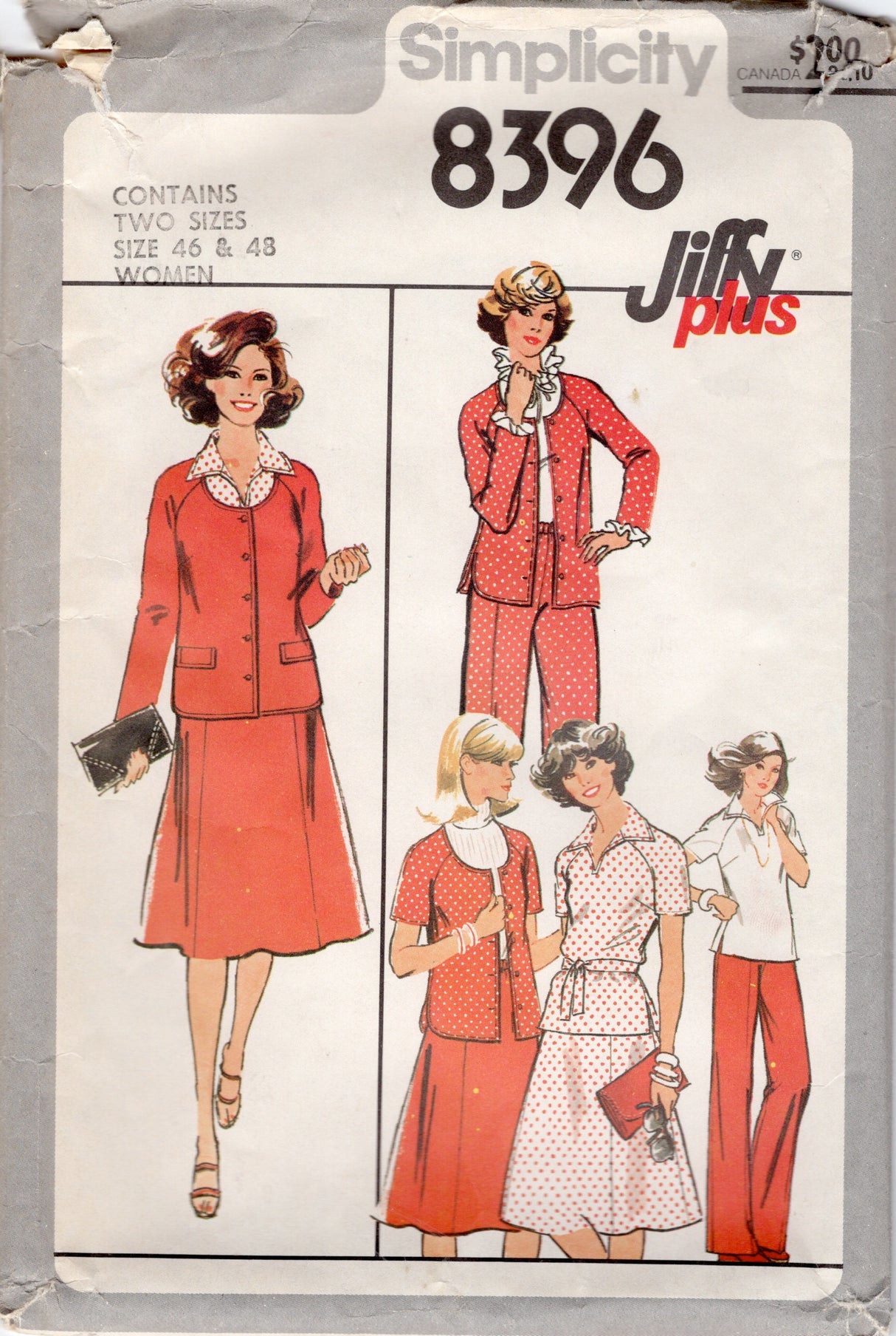 1970's Simplicity Unlined Jacket, Pullover Top, Skirt and Pants Pattern - Bust 50-52" - No. 8396