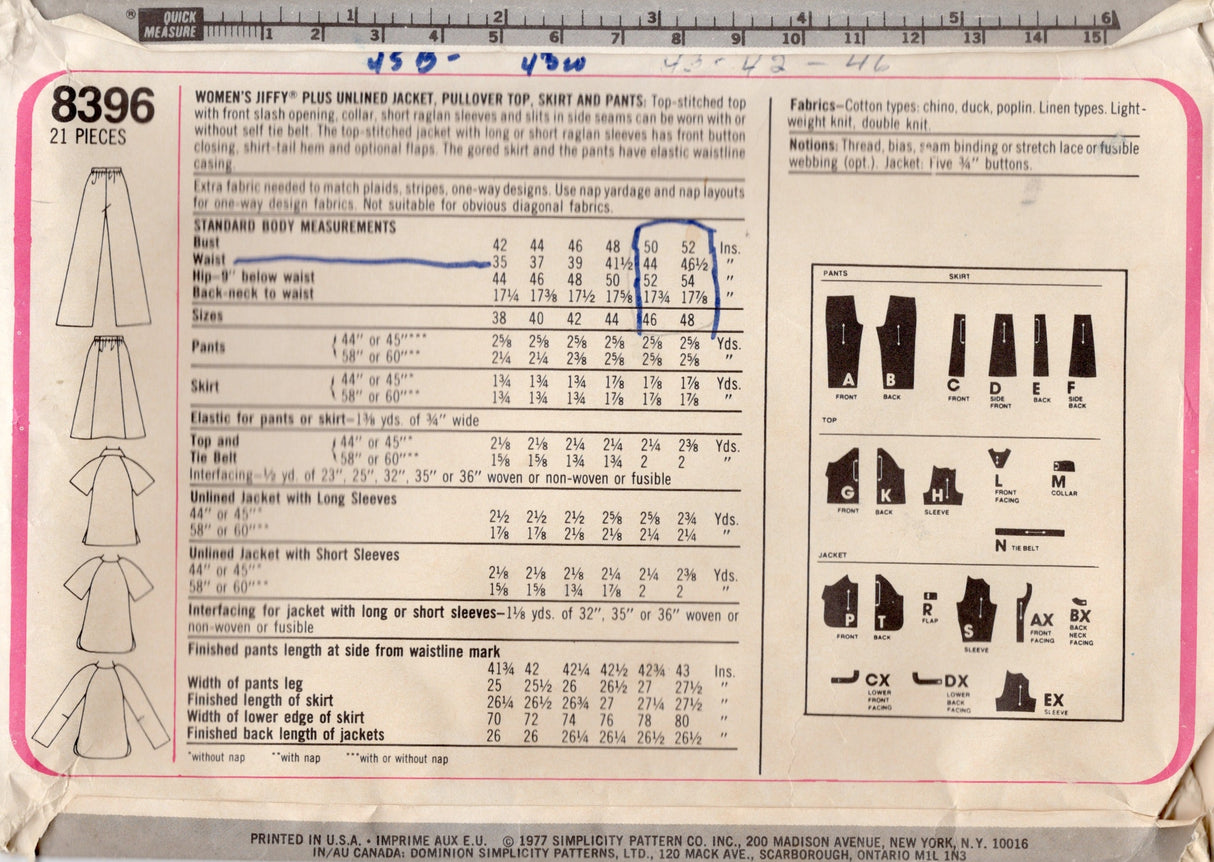 1970's Simplicity Unlined Jacket, Pullover Top, Skirt and Pants Pattern - Bust 50-52" - No. 8396