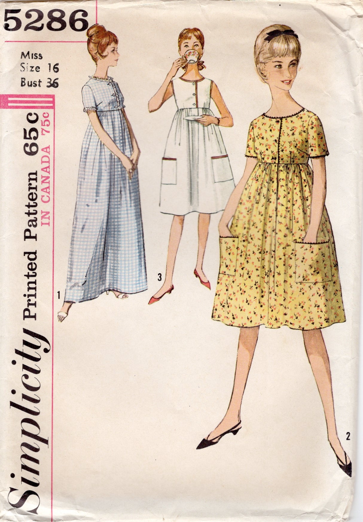 1960's Simplicity One-Piece Dress in Two Lengths - Bust 36" - No. 5286