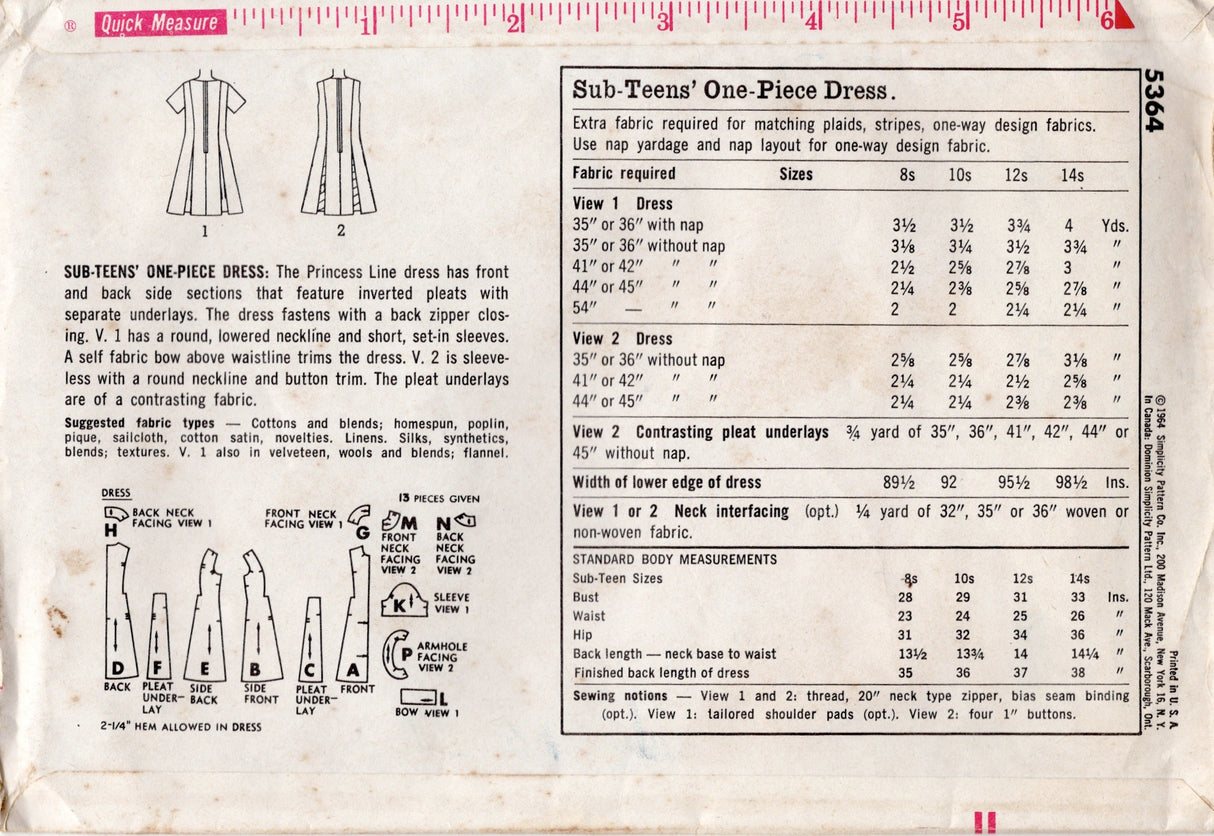 1960's Simplicity Sub-Teen A-Line Dress with Pleat Detail - Bust 29" - No. 5364