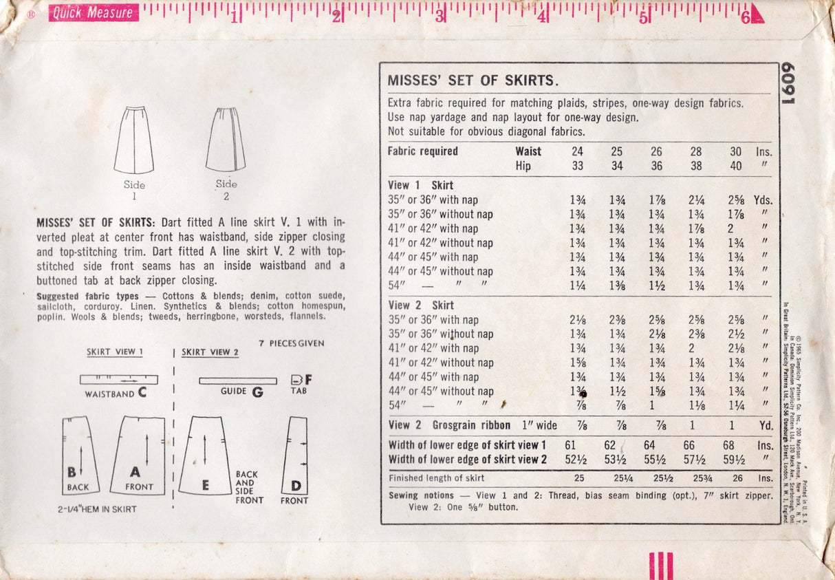 1960's Simplicity A-line Skirt in Two Styles - Waist 25" - No. 6091