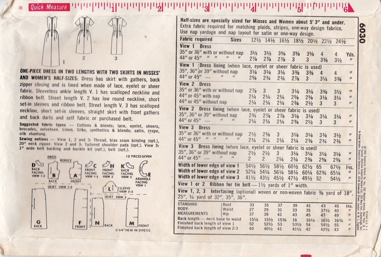 1960's Simplicity Scallop Neckline Dress Pattern - Bust 37" - No. 6030
