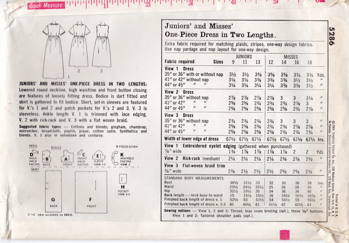 1960's Simplicity One-Piece Dress in Two Lengths - Bust 36" - No. 5286