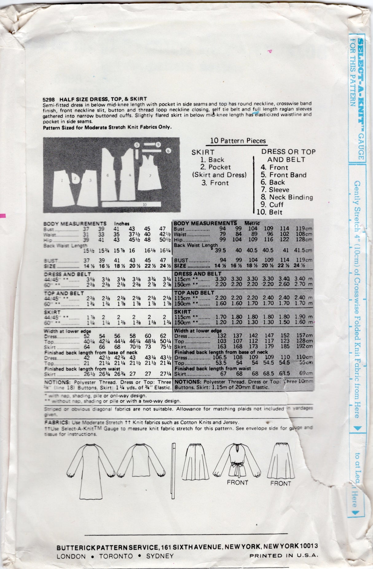 1970's Simplicity One Piece or Two Piece Dress Pattern - Bust 45" - No. 5298