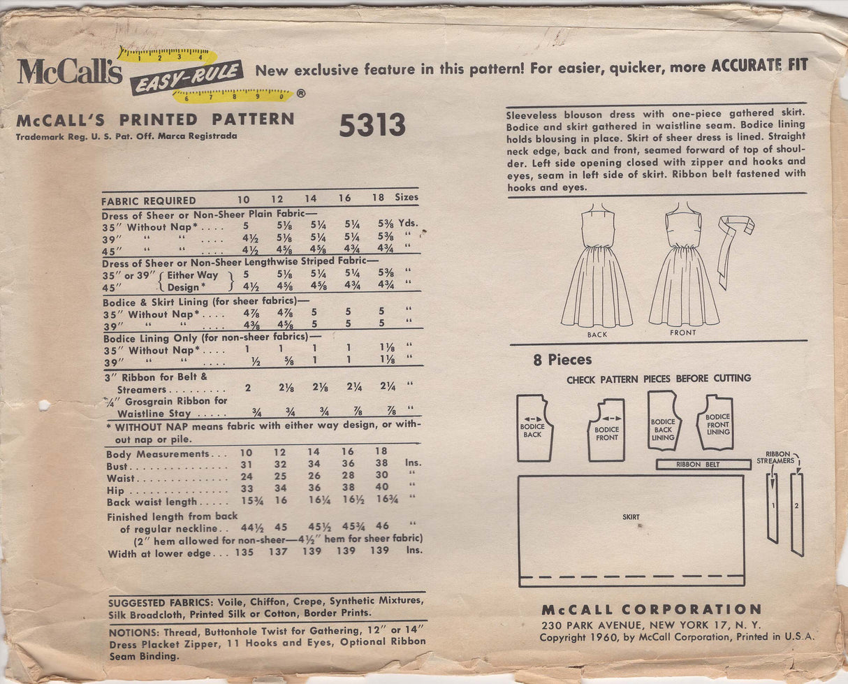 1960's McCall's Fit and Flare Dress Pattern with Belt - Bust 32" - No. 5313