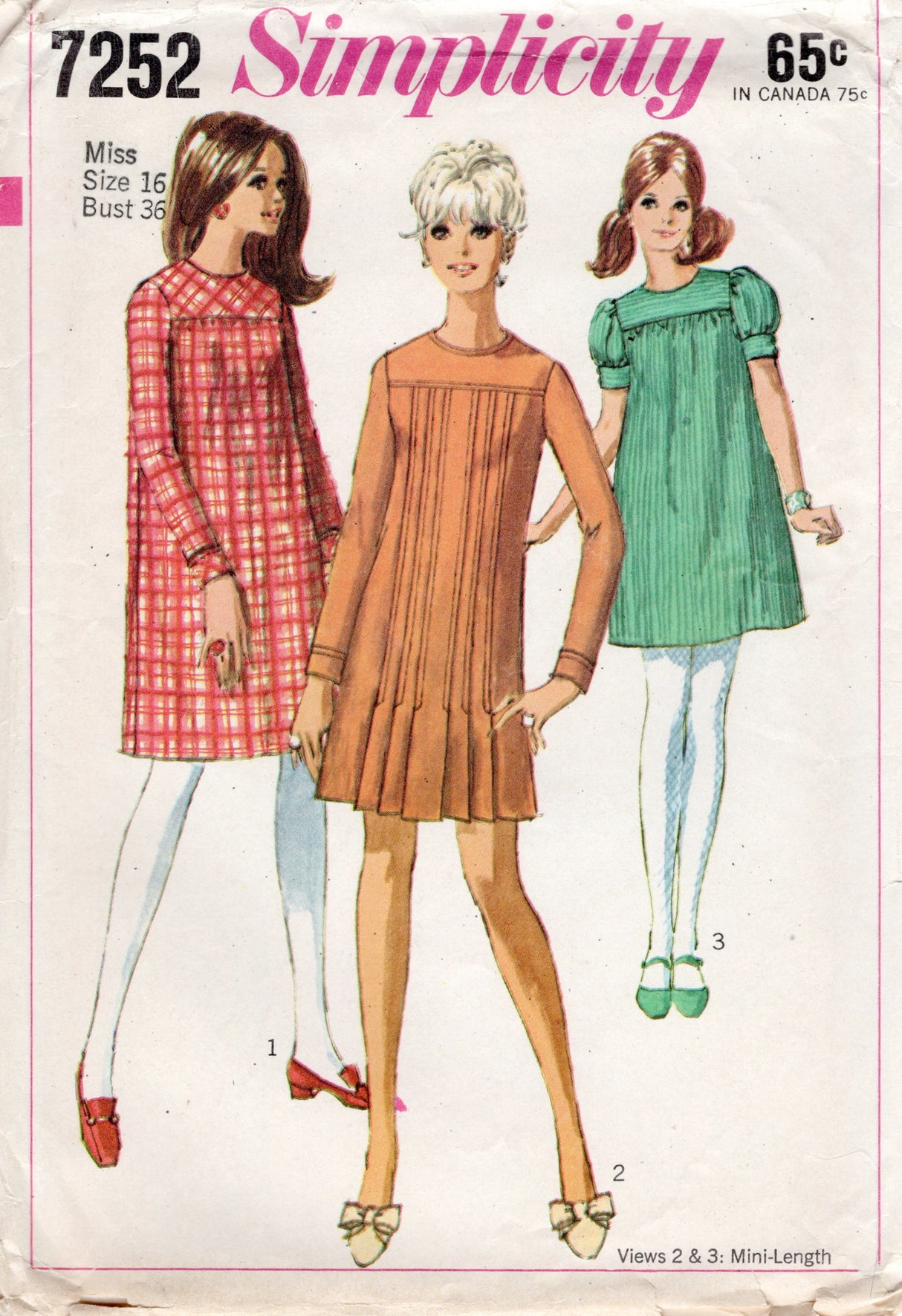 1960's Simplicity Yoked Dress Pattern with Gathered or Pleated Front Panels - Bust 36" - No. 7252