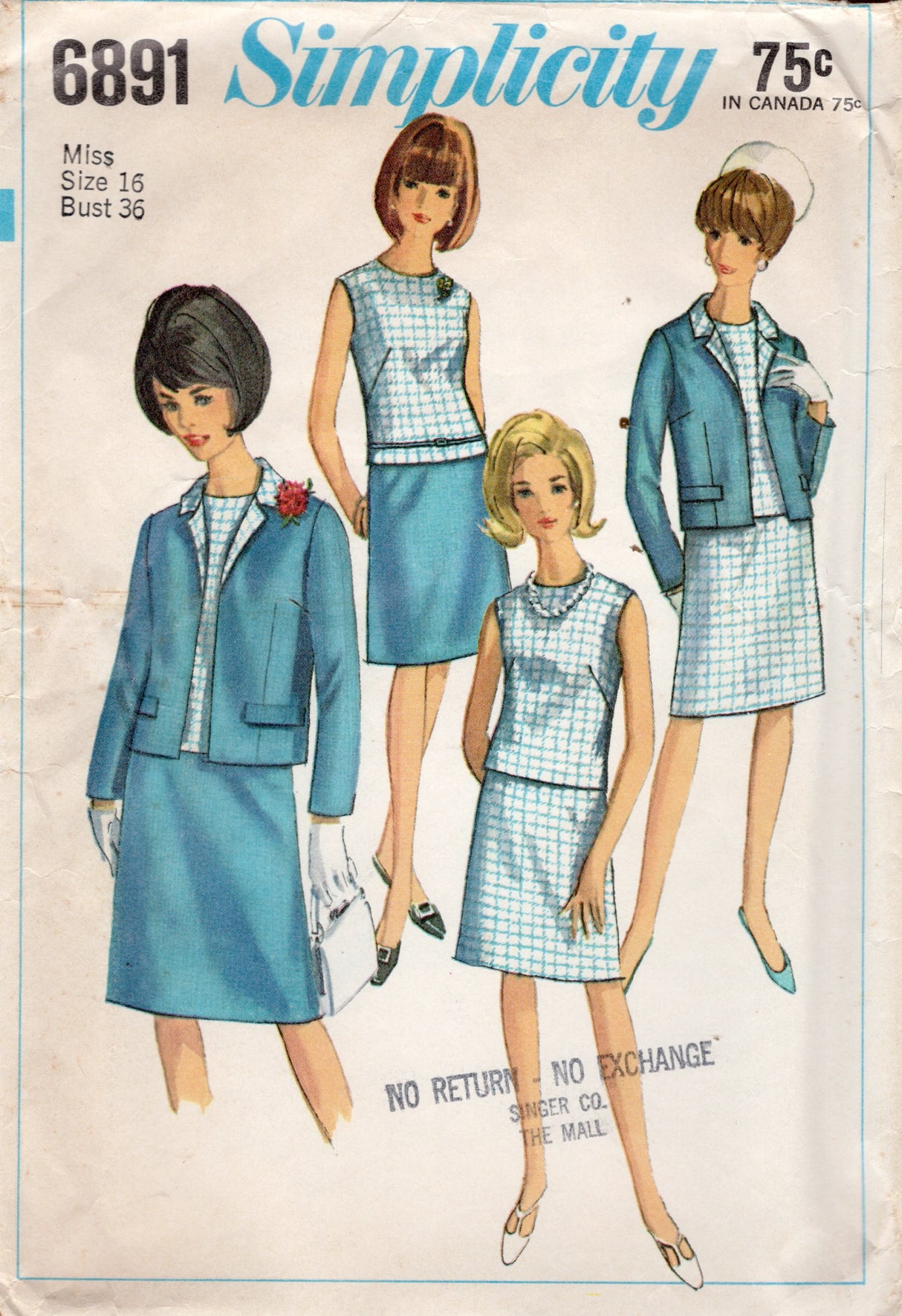 1960's Simplicity Suit and Blouse Pattern with Straight line skirt - Bust 36" - No. 6891
