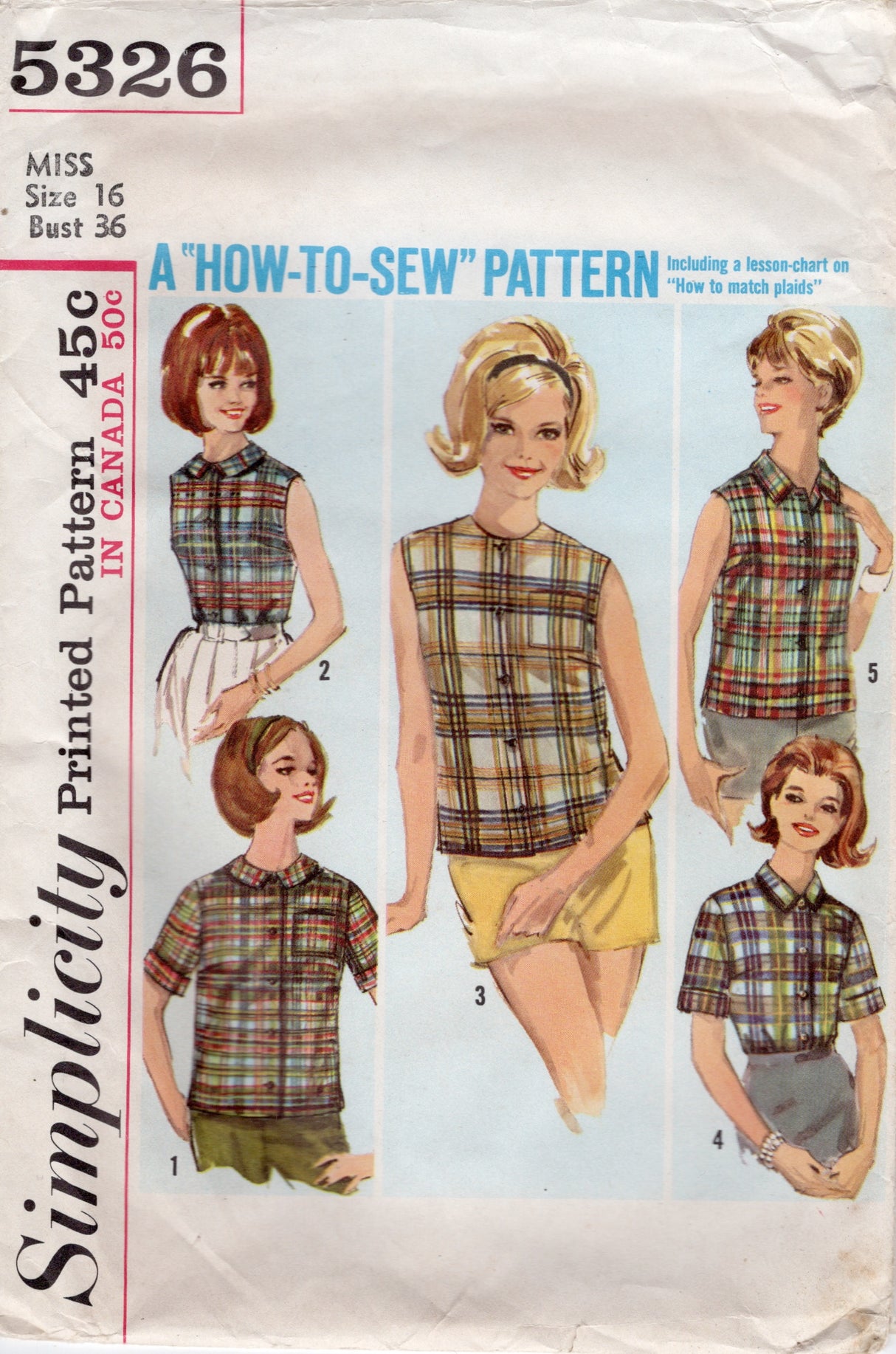 1960's Simplicity "How to Sew" Button Up Blouse with or without Sleeves - Bust 36" - No. 5326