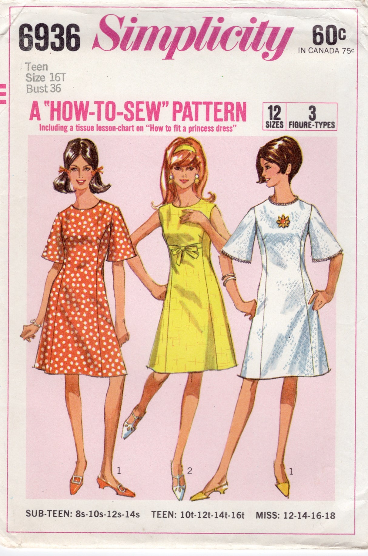 1960's Simplicity "How to Sew" Princess Line Dress Pattern with Bell Sleeve and Bow - Bust 36" - No. 6936