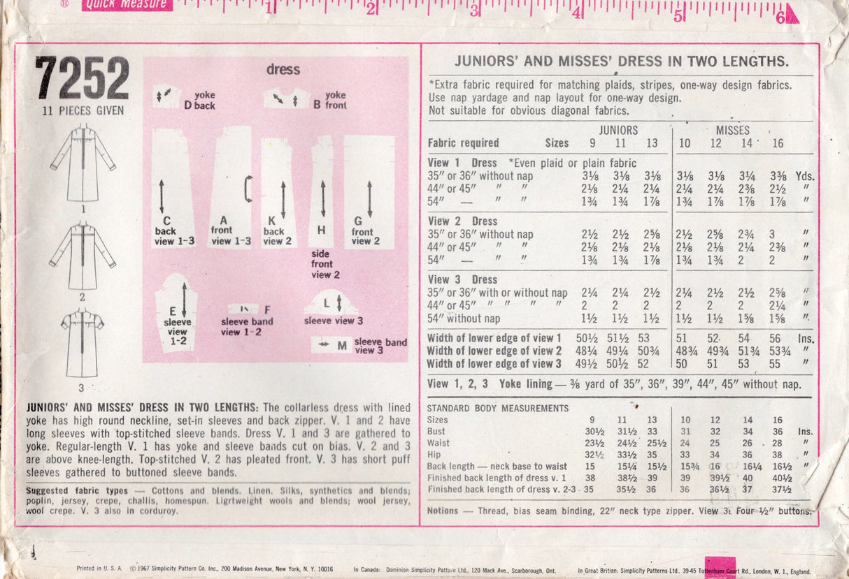 1960's Simplicity Yoked Dress Pattern with Gathered or Pleated Front Panels - Bust 36" - No. 7252
