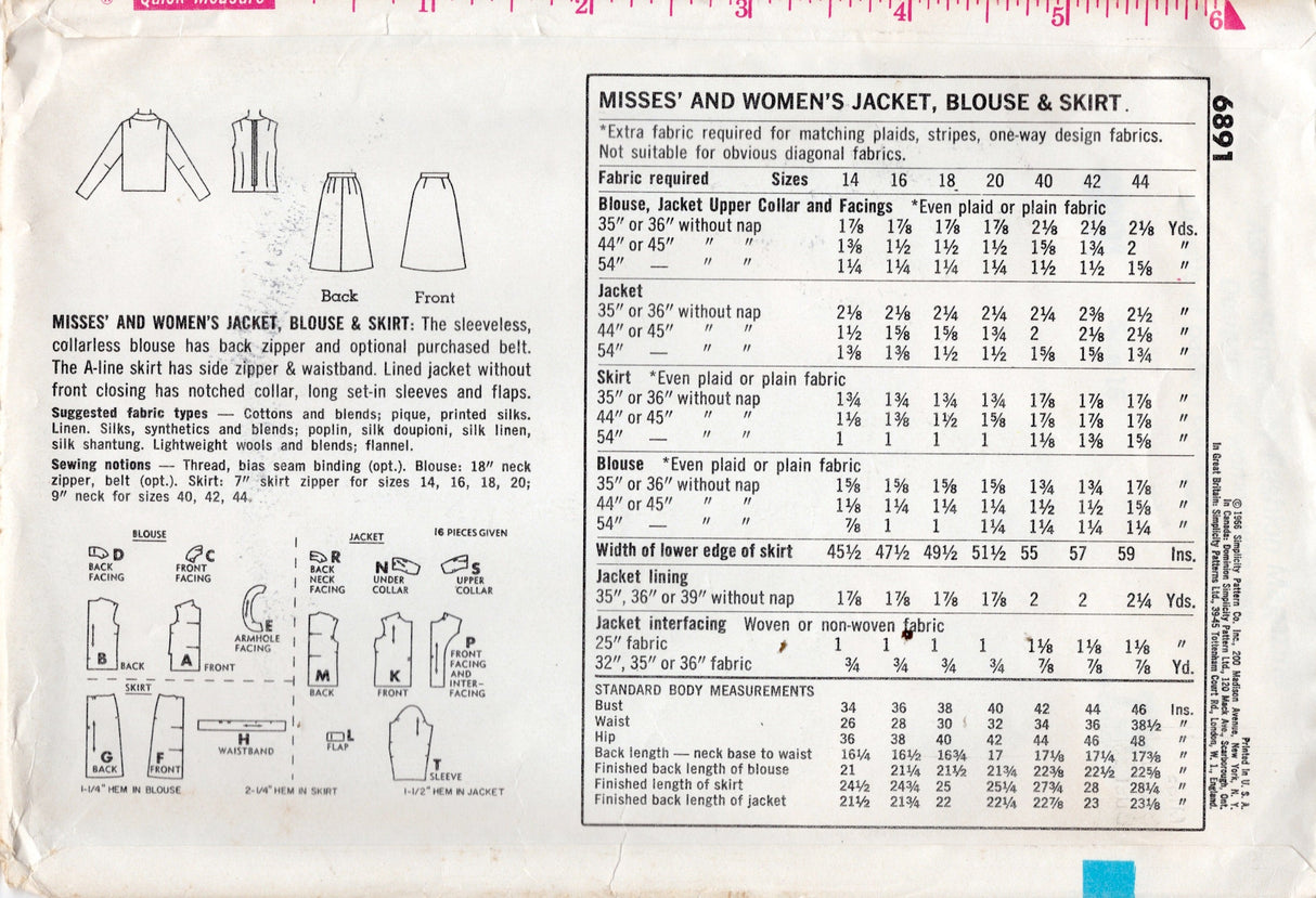 1960's Simplicity Suit and Blouse Pattern with Straight line skirt - Bust 36" - No. 6891
