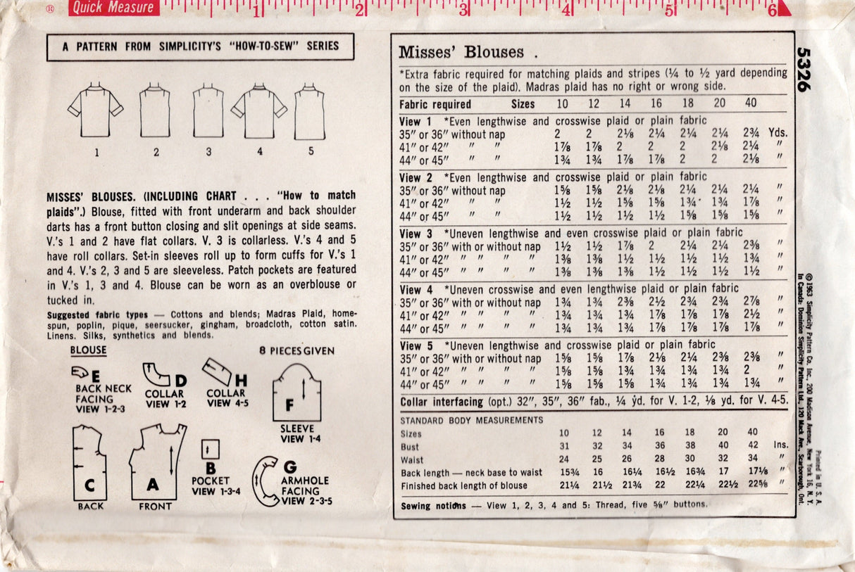 1960's Simplicity "How to Sew" Button Up Blouse with or without Sleeves - Bust 36" - No. 5326