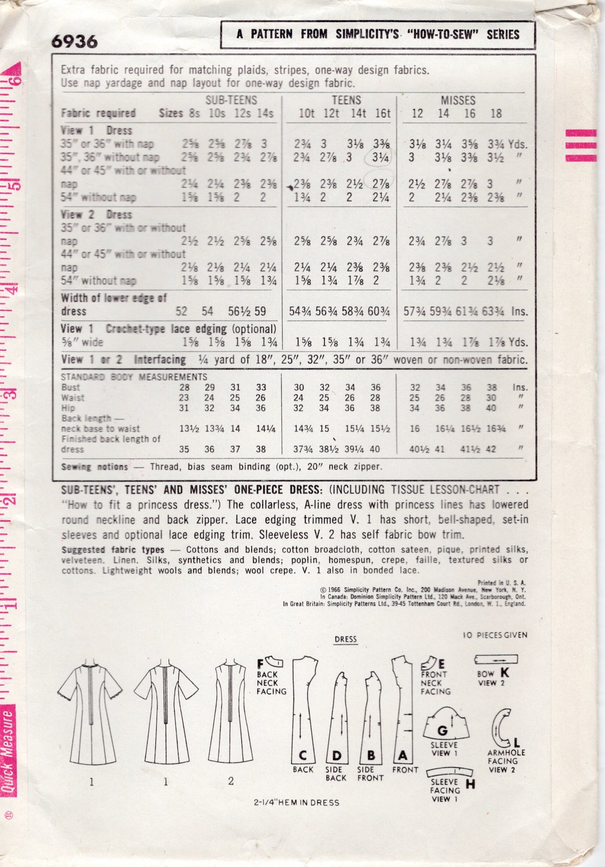 1960's Simplicity "How to Sew" Princess Line Dress Pattern with Bell Sleeve and Bow - Bust 36" - No. 6936
