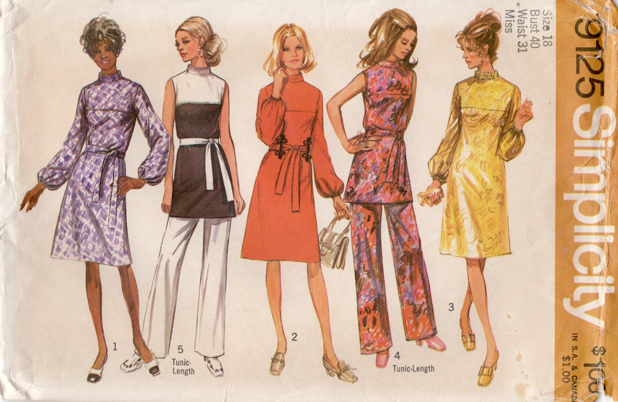 1970's Simplicity Yoked Dress or Tunic and Pants Pattern - Bust 40" - No. 9125