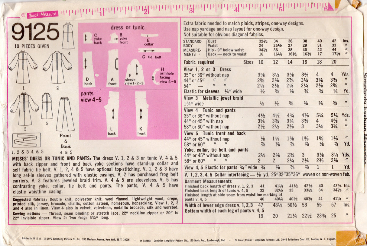 1970's Simplicity Yoked Dress or Tunic and Pants Pattern - Bust 40" - No. 9125