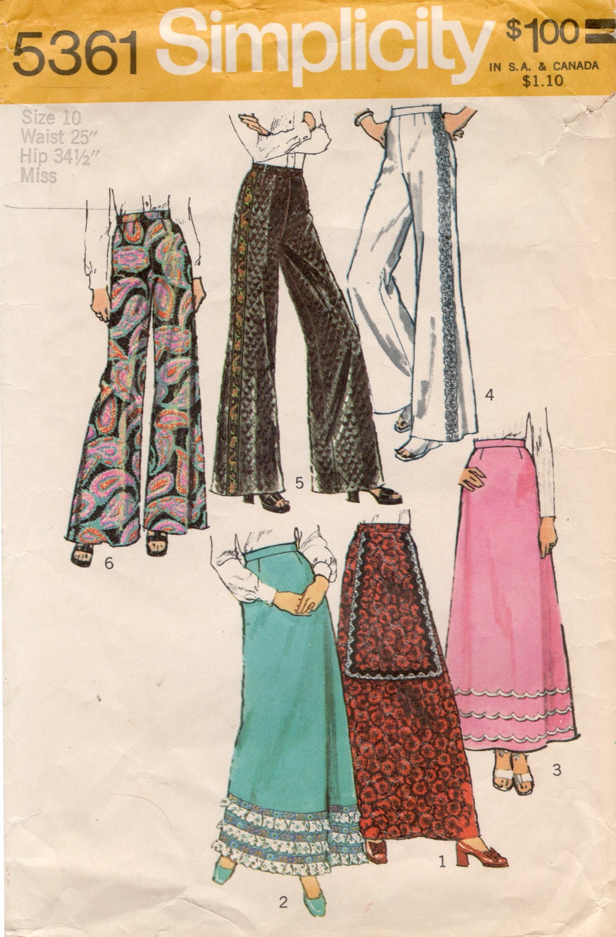 1970's Simplicity Bell Bottom Pants and A Line Skirt Pattern - Waist 25" - No. 5361