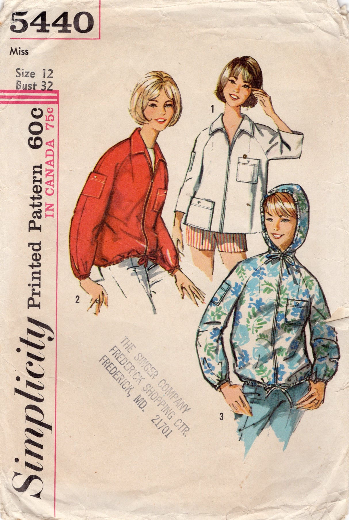 1960's Simplicity Jacket with or without Hood Pattern - Bust 32" - No. 5440