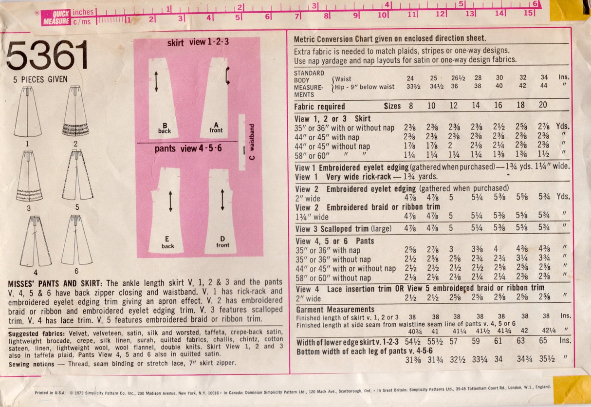 1970's Simplicity Bell Bottom Pants and A Line Skirt Pattern - Waist 25" - No. 5361
