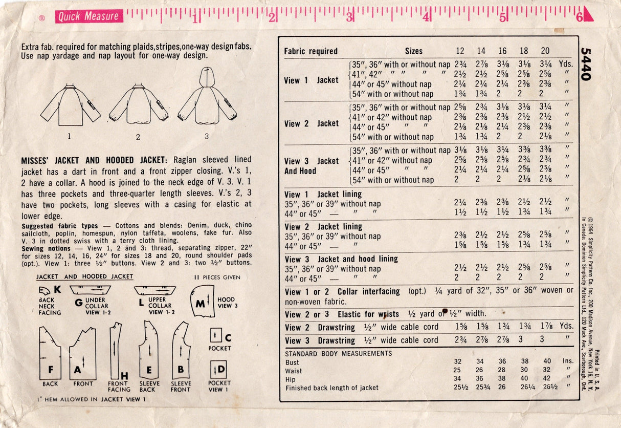 1960's Simplicity Jacket with or without Hood Pattern - Bust 32" - No. 5440