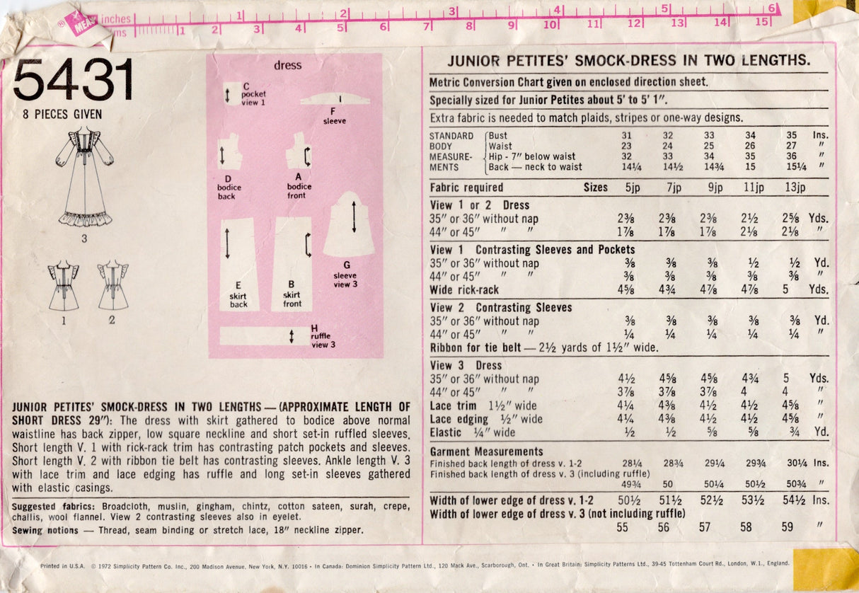 1970's Simplicity Pinafore Dress Pattern in Two Lengths - Bust 35" - No. 5431