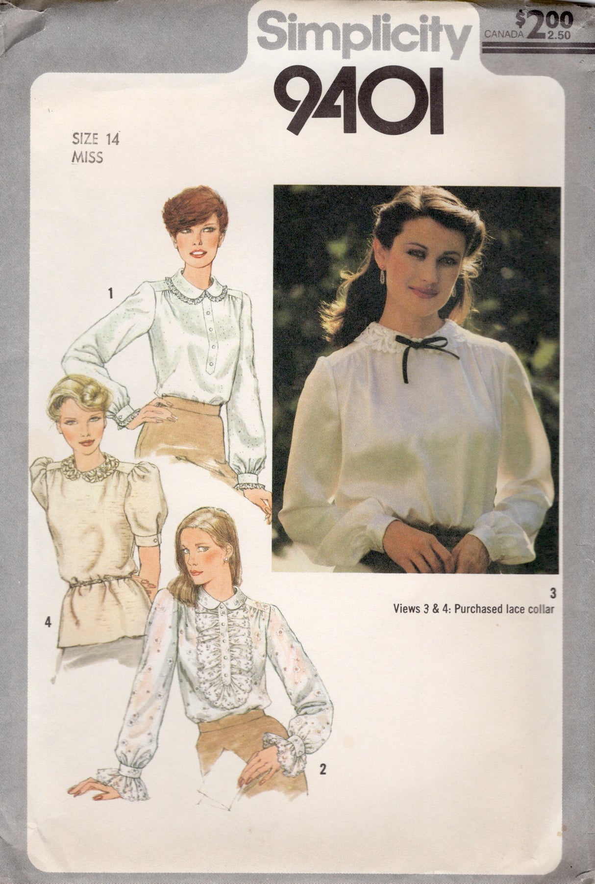 1980's Simplicity Button Back Blouse Pattern with Puff or Long Sleeve - Bust 36" - No. 9401