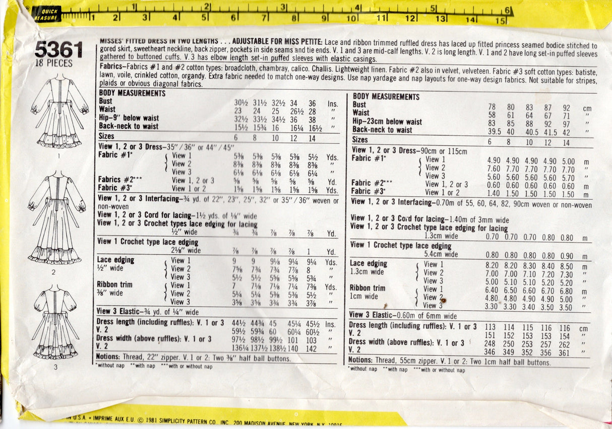 1980's Simplicity GUNNE SAX Sweetheart Neckline Prairie Dress Pattern - Bust 36" - No. 5361