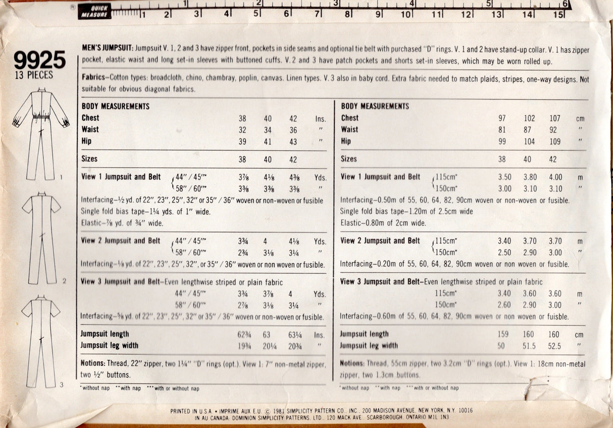 1980's Simplicity Men's Jumpsuit pattern - Chest 42" - No. 9925